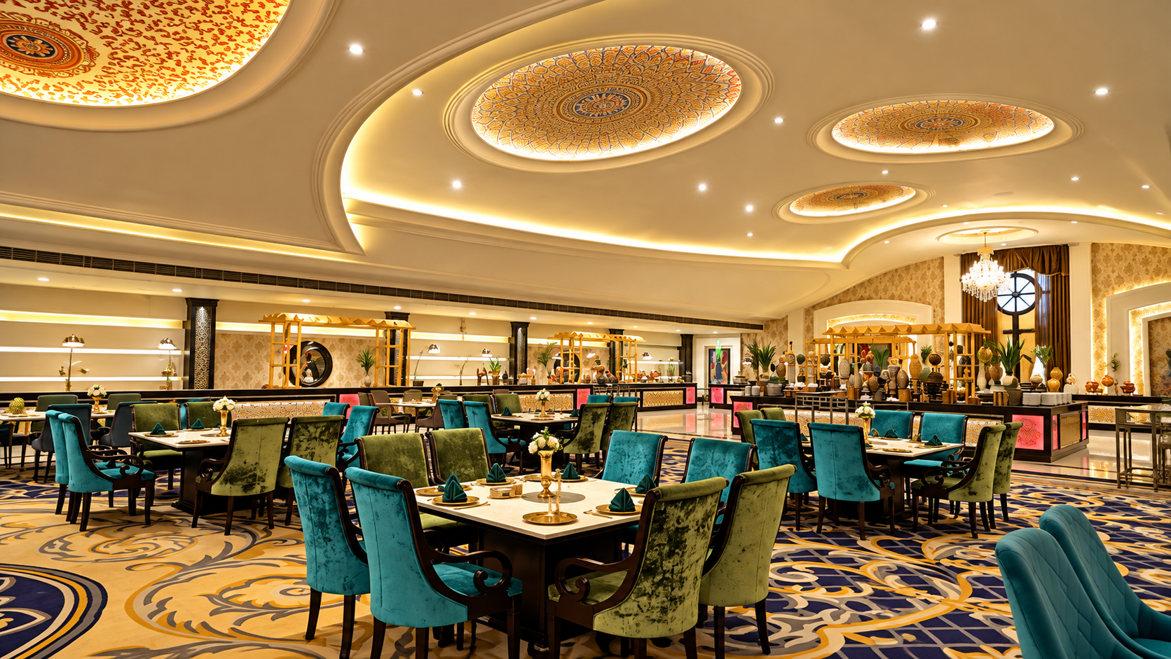 Opulent golden banquet hall interior at Konica Resorts
